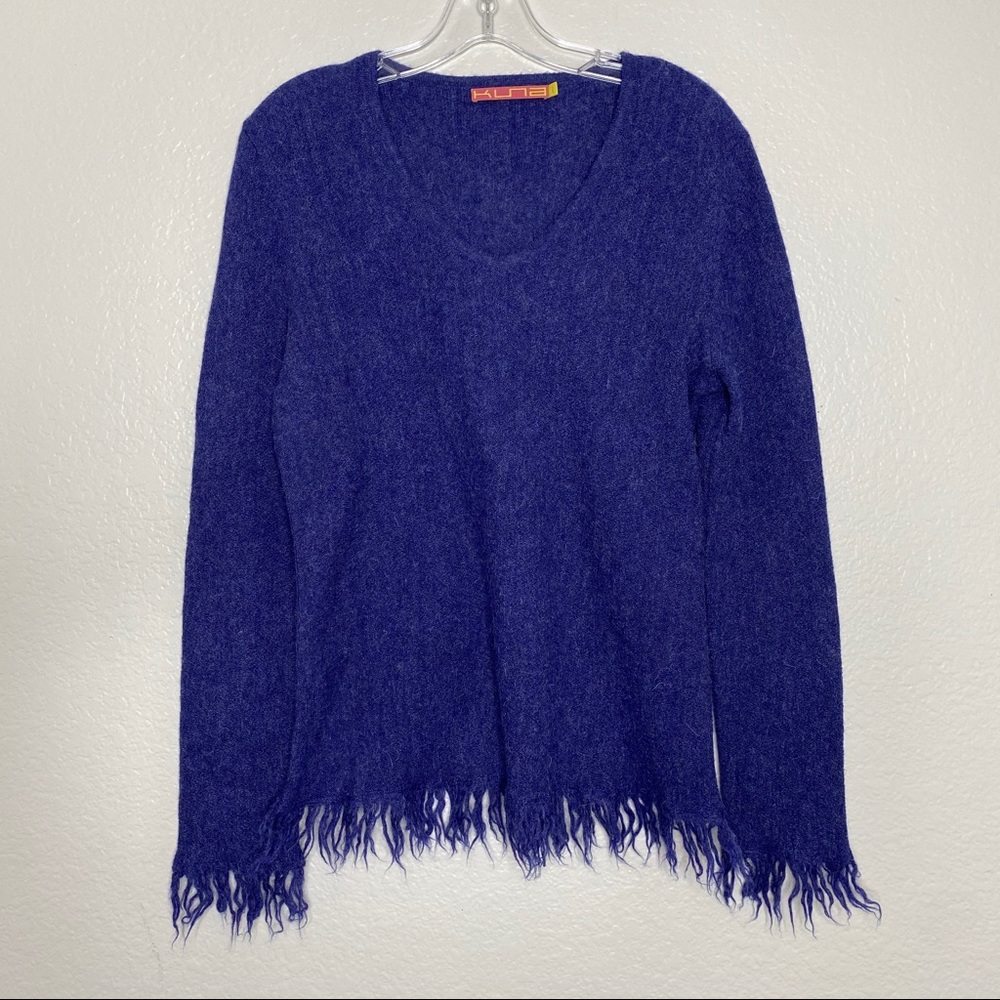 Kuna Alpaca raw hem distress fringe vneck sweater